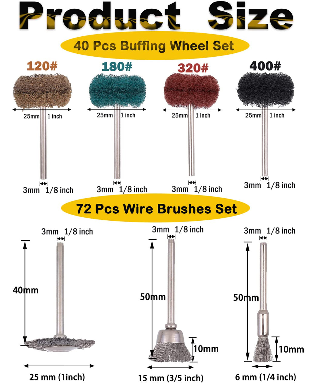 Rocaris 40 Pcs Buffing Wheel Set & 72 Pcs Wire Brushes Set, 1/8'' Shank Accessories for Rotary Tool