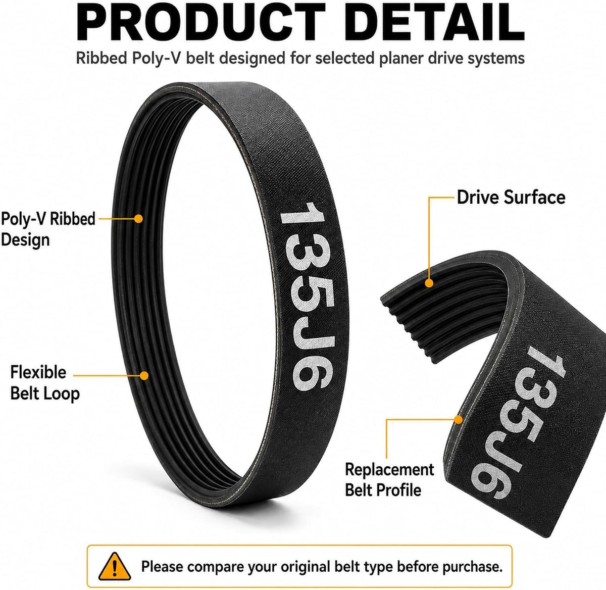 2Pack 135J6 Planer Drive Belt Fit for Delta 22-540 22-546 TP300 Planers