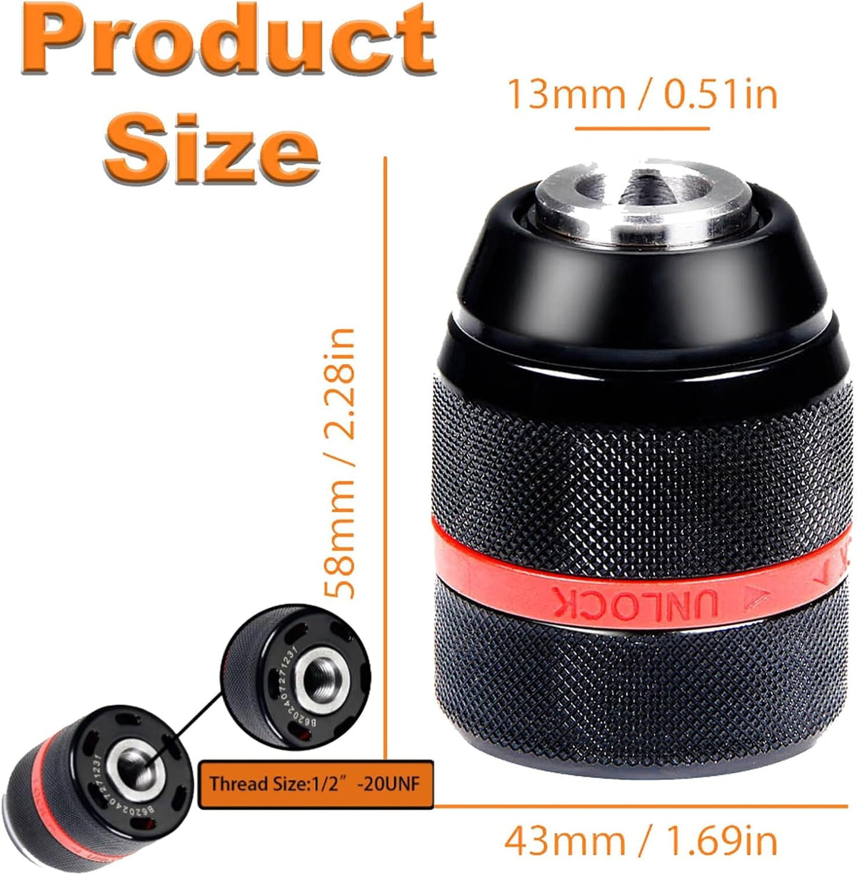 Keyless Drill Chuck for Milwaukee M18, 1/2-20UNF Mount 1.5-13mm Clamping Self-tighten Drill Chuck for Hand Drill Impact Driver