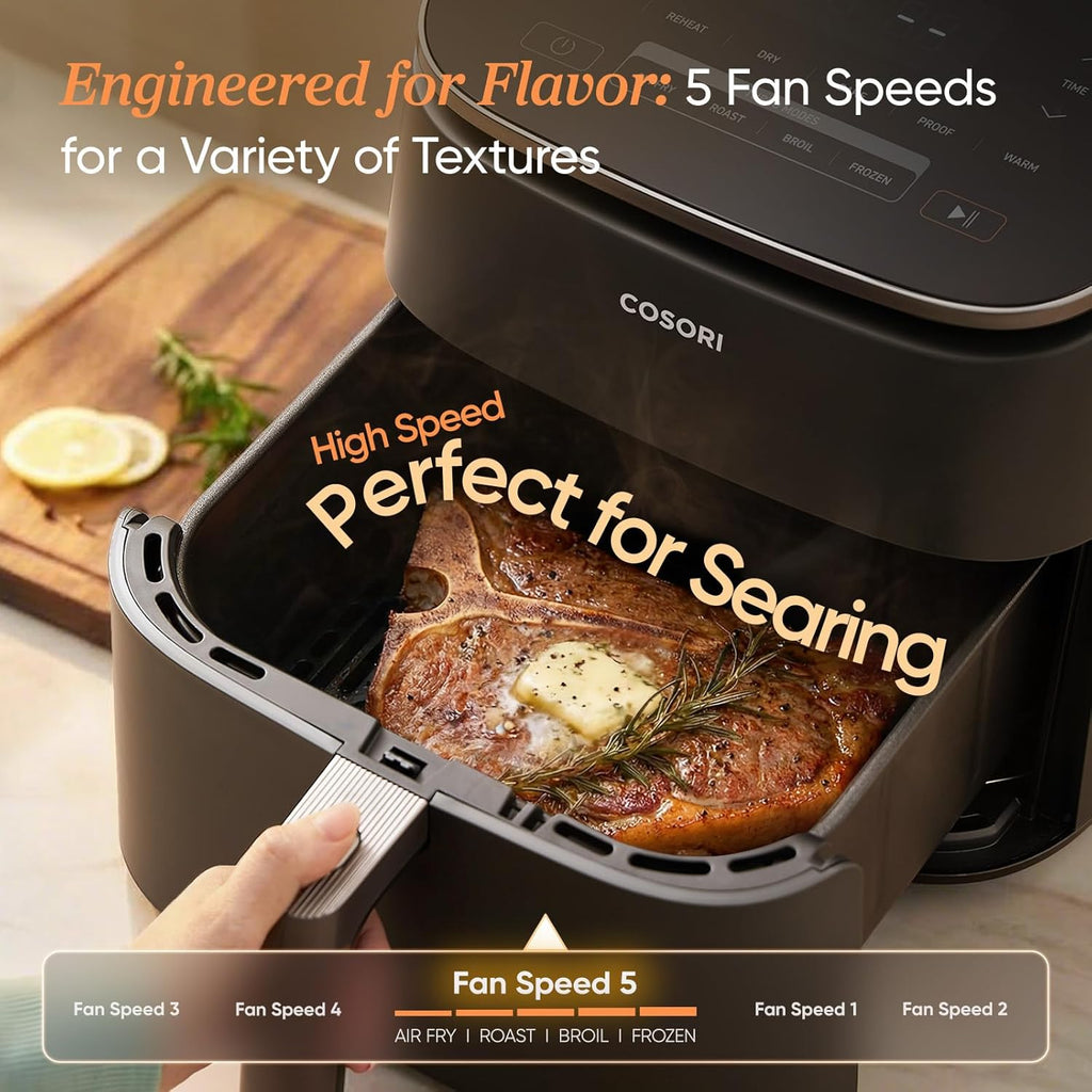 TurboBlaze Air Fryer, 9-in-1, 6 Qt, PFAS-Free Ceramic Coating | 90°–450°F, 5 Level Fan Speeds, 9 in 1 Air Fry, Roast