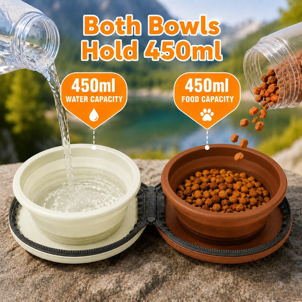 2-in-1 Collapsible Dog Bowls, 450ML Silicone Travel Bowls, Brown and Green