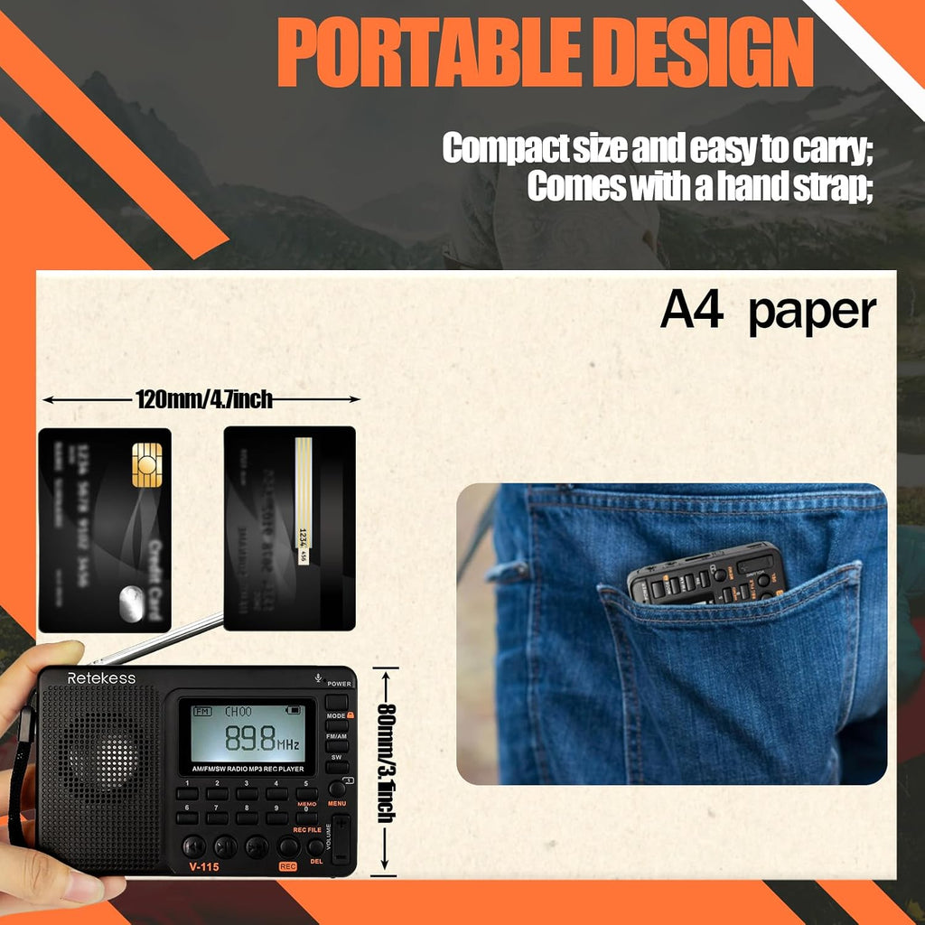 V115 Shortwave Radio, Digital Radio AM FM | for Camping, Shortwave Receiver,1000mAh Rechargeable Battery, Presets