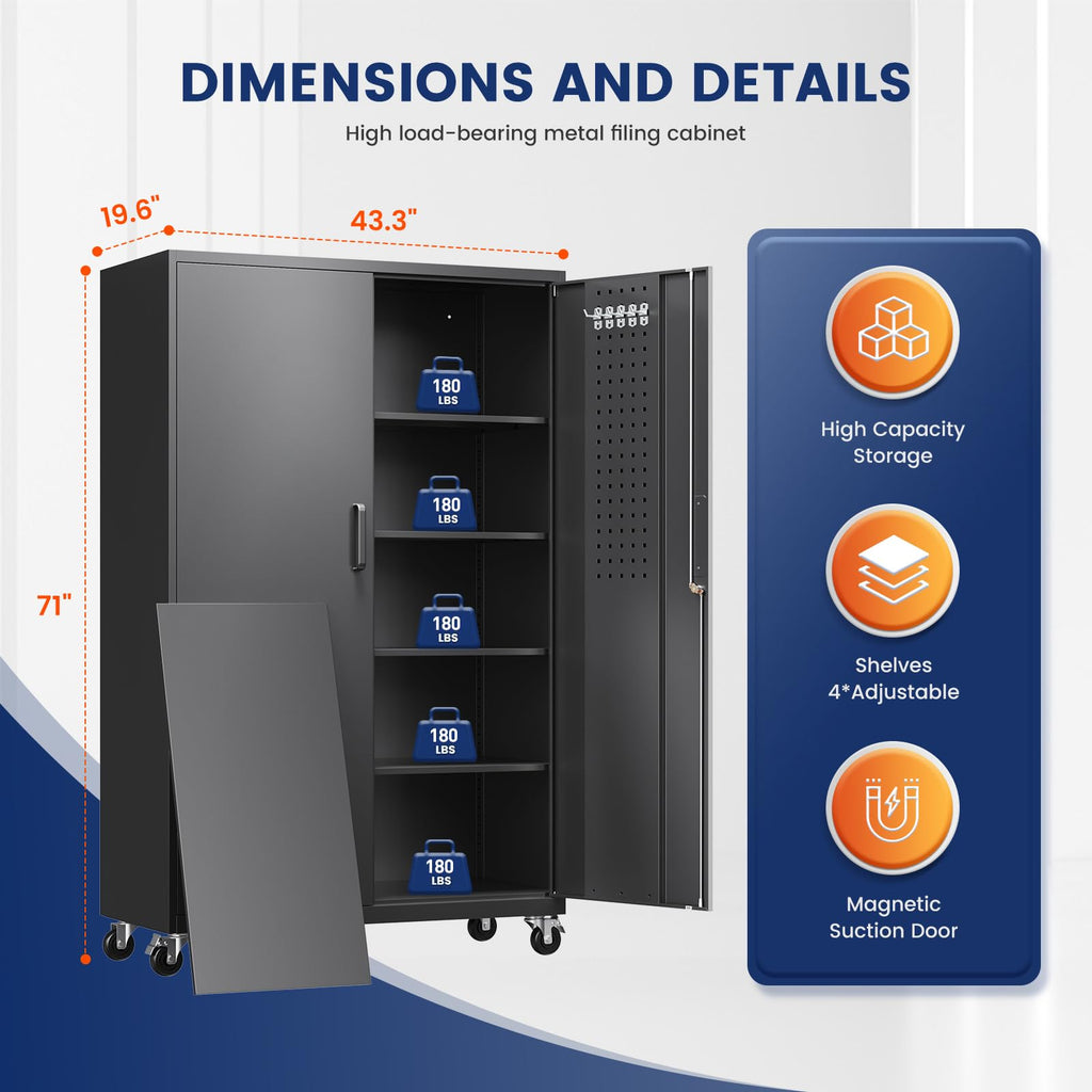 Metal Garage Storage Cabinet with Locking Doors and Adjustable Shelves,- 71" Rolling Steel Tool Cabinet for Home