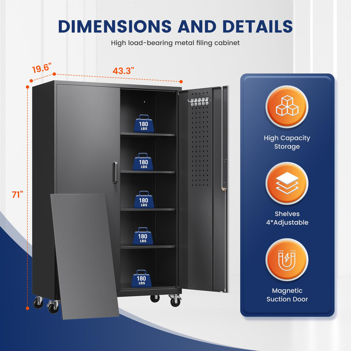 Metal Garage Storage Cabinet with Locking Doors and Adjustable Shelves,- 71" Rolling Steel Tool Cabinet for Home