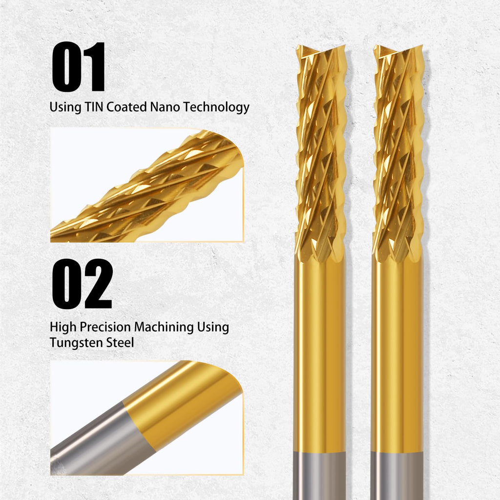 End Mill Sets, 10Pcs Titanium Coat, 1/8" Shank 0.6-1.5mm Micro Engraving Bits CNC Router Bits for Rotary Tools