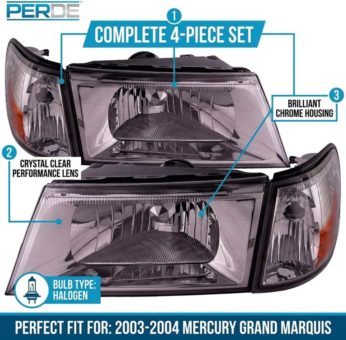 PERDE Headlights And Side Marker Lights (4Pc Set) Chrome With Performance Lens Compatible with 2003-2004 Grand Marquis