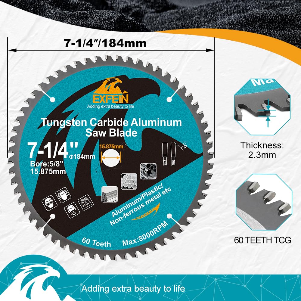 EXFEIN 7-1/4 Inch 60 Teeth Aluminum and Non-Ferrous Metal Cutting Circular Saw Blade with 5/8 Inch Arbor, TCG Carbide Saw Blade for Metal & Plastic Cutting