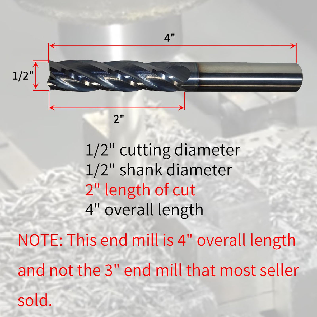 1/2" Carbide End Mill, Extra Long, 4" Overall Length, 4 Flute, AlTiN Coated