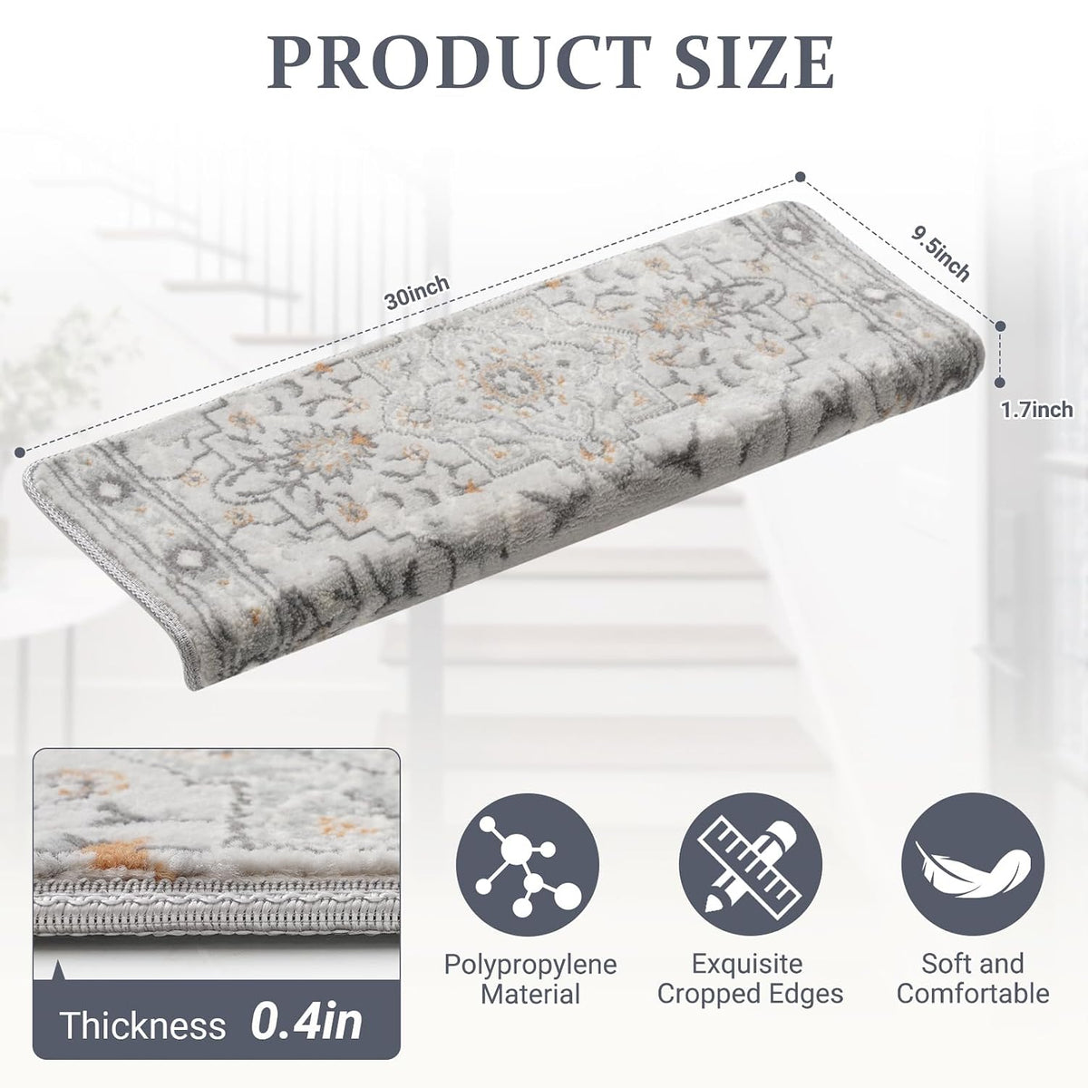 Bullnose Stair Treads for Wooden Steps, 14 Pack 30"x9.5" Non Slip Carpet Stair Treads, Peel and Stick Stair Carpet