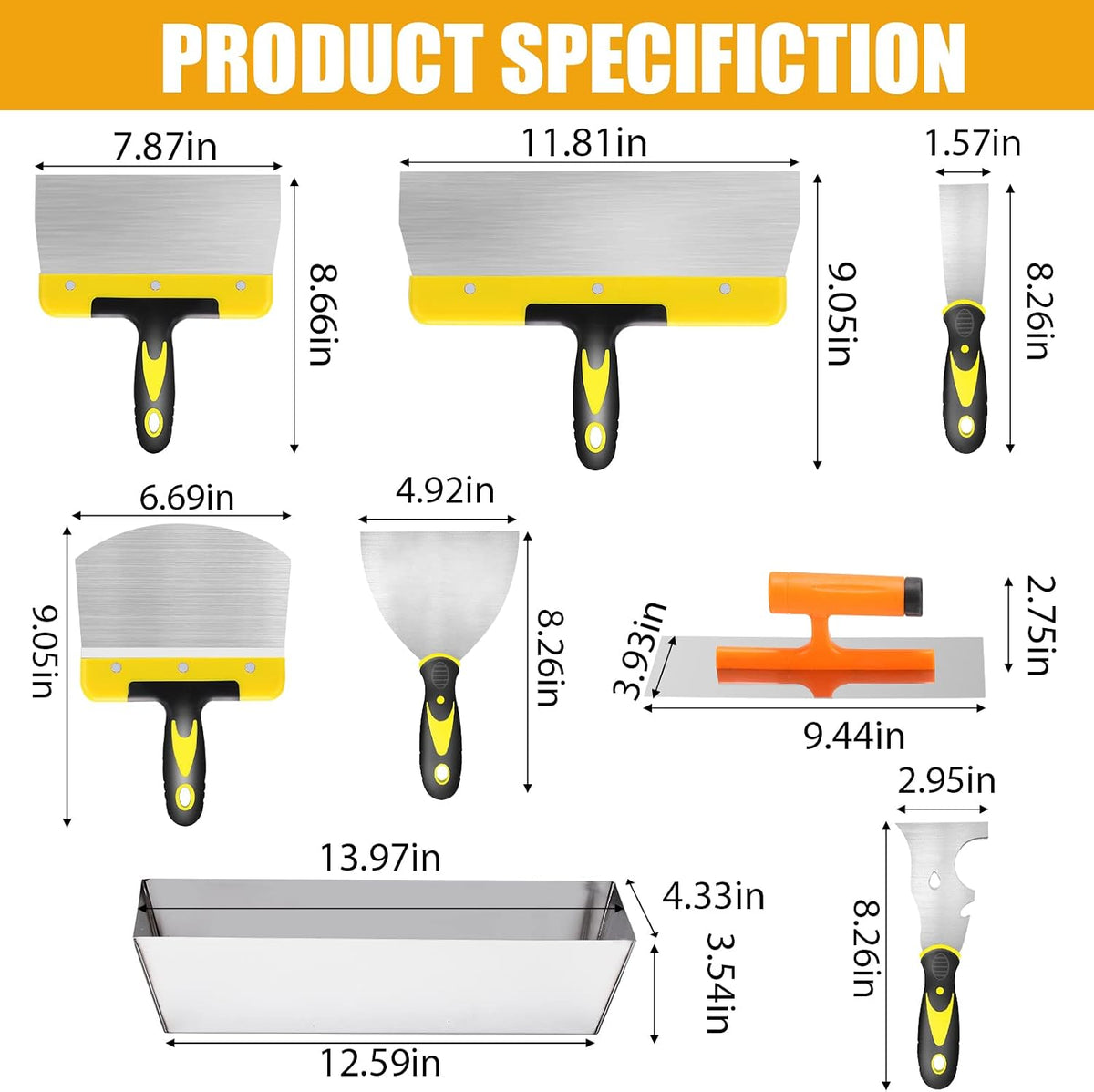 Drywall Knife Set, 8 Pieces Stainless Steel Drywall Hand Tool Kit Includes Taping Knives, Putty Knives, Finishing