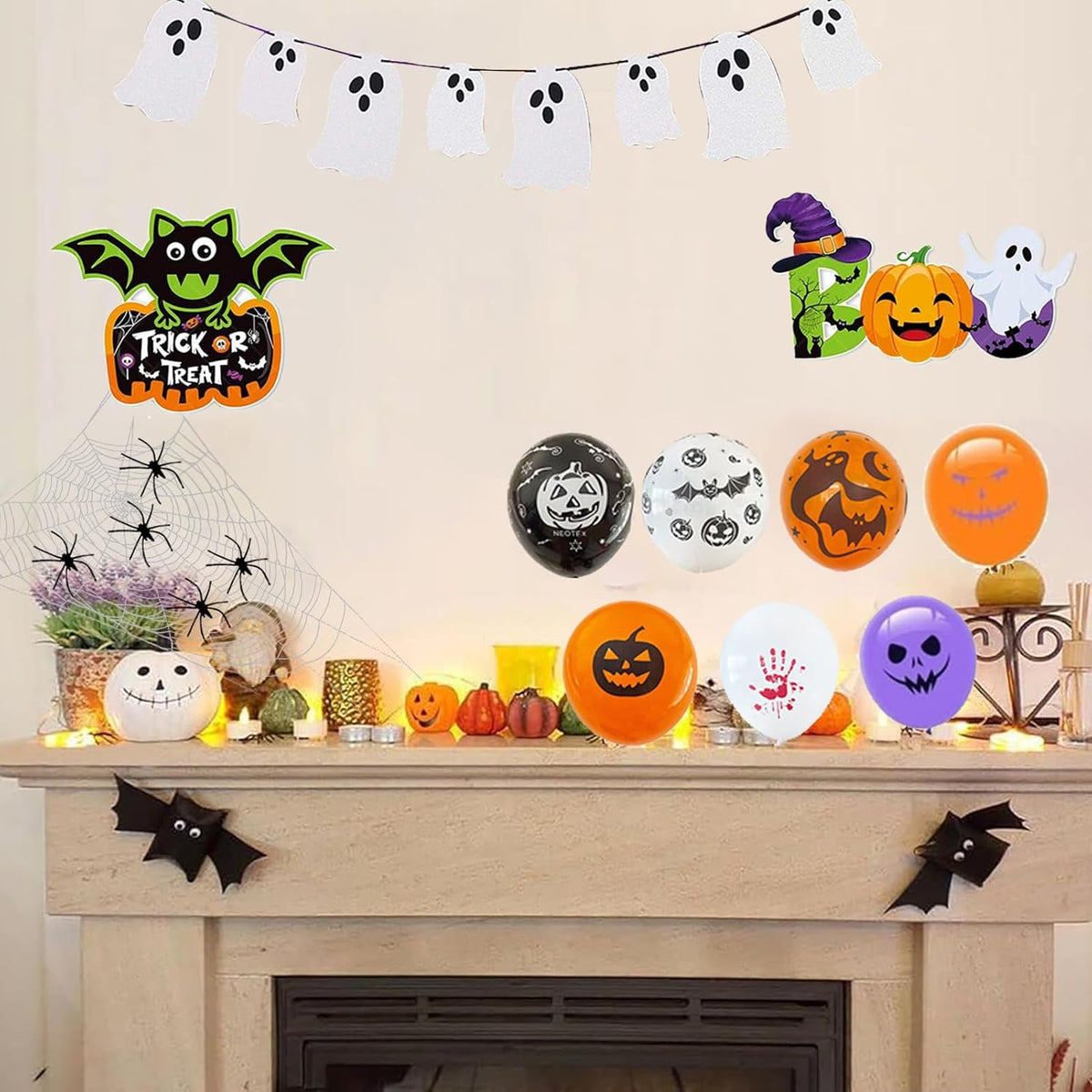 100+ Piece Halloween Decorations Set - All-in-One Kit Halloween Decor with Banner, Hanging Bats, Spider Web