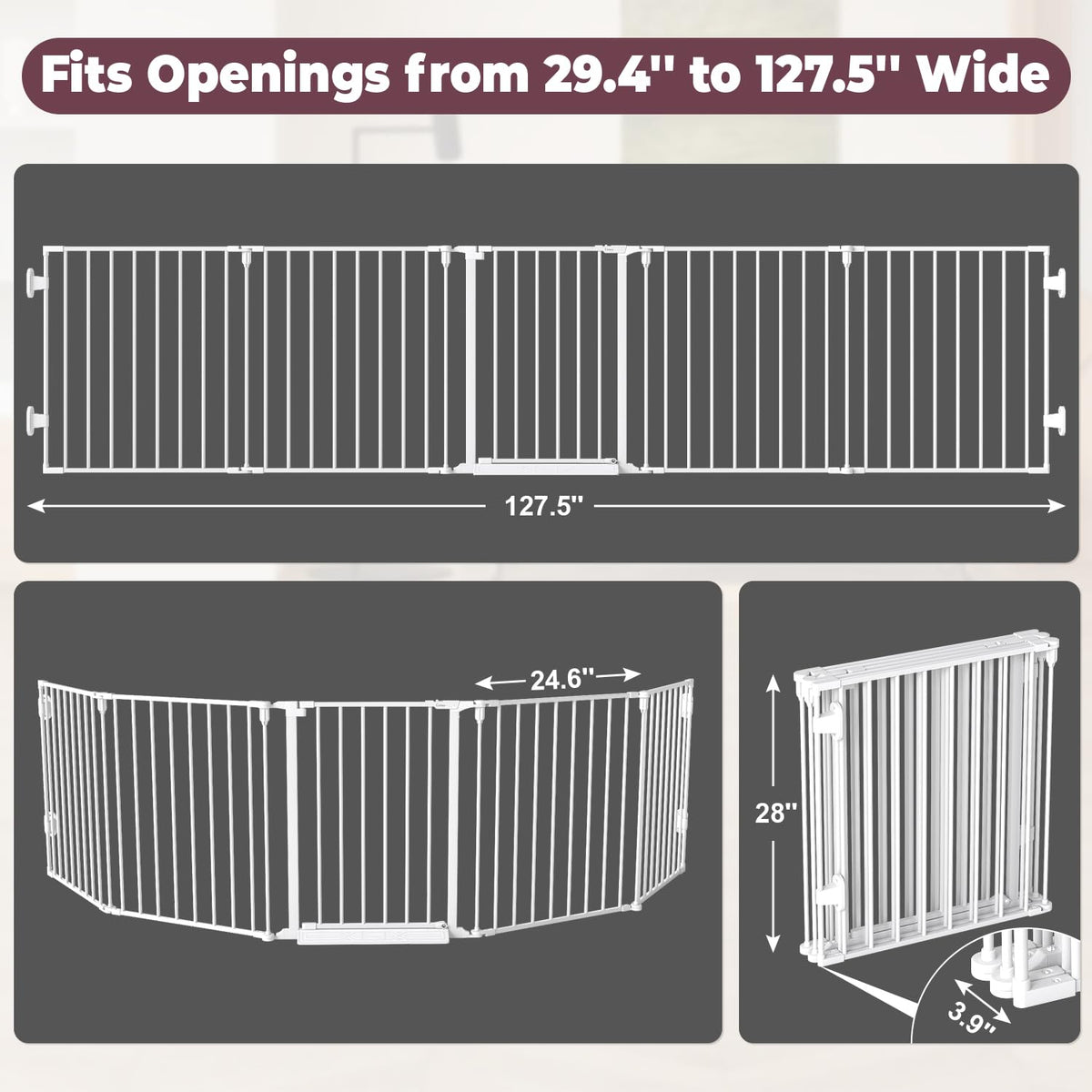 127.5" Wide Heavy-Duty Metal Fireplace Hearth & Christmas Tree Safety Fence Gate with Configurable Panels for Indoor Hearth, Stove & Holiday Tree Protection