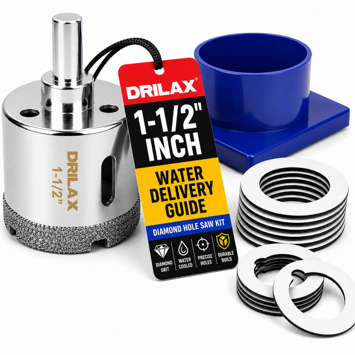 1 1/2 in Diamond Hole Saw Kit, Water-Cooled Guide for Clean, No-Chip Holes