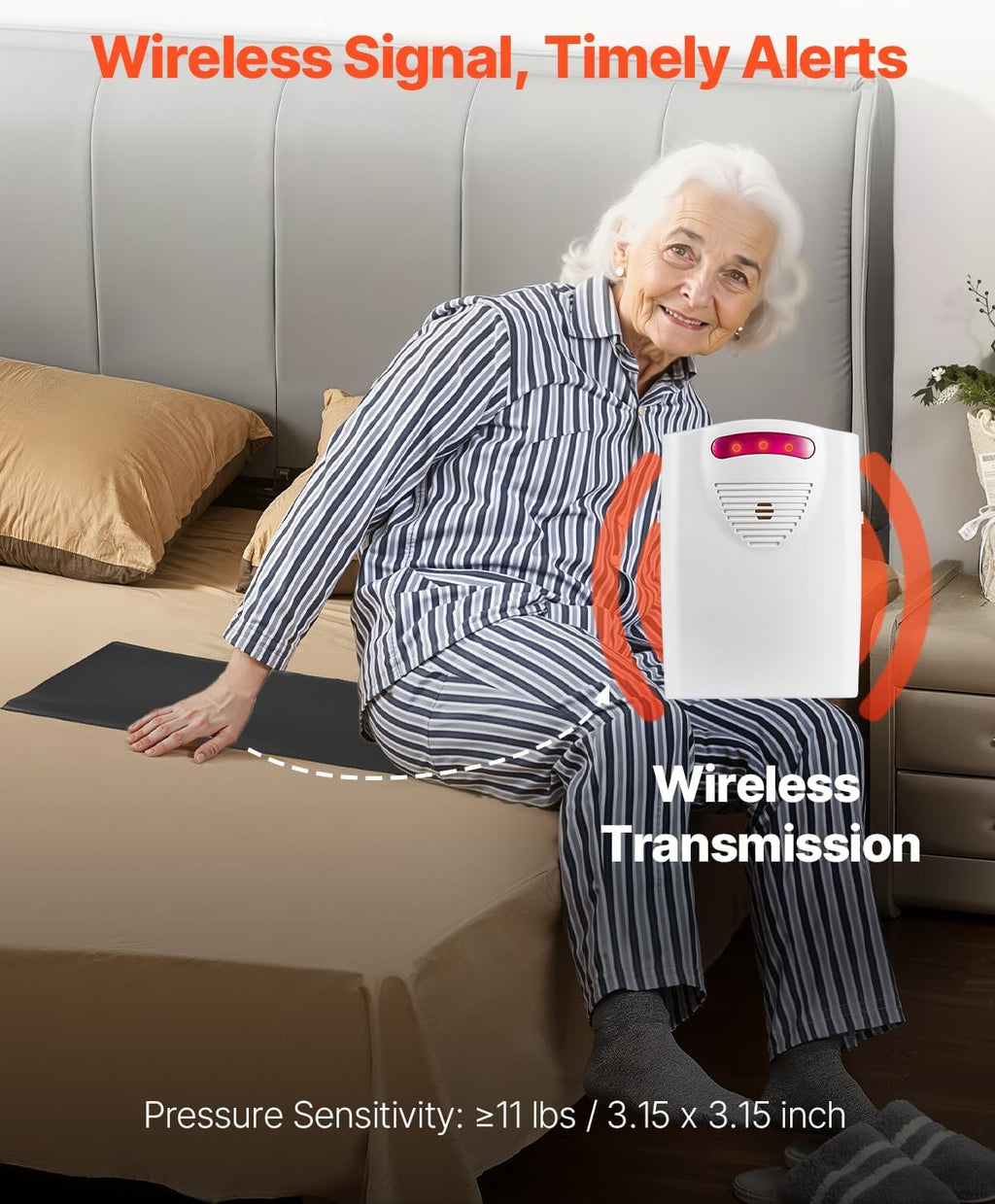 Bed Alarm System for Elderly Adults, 14 x 30-inch Wireless Bed Sensor Pad with Pager, Safety Bed Alarms and Fall