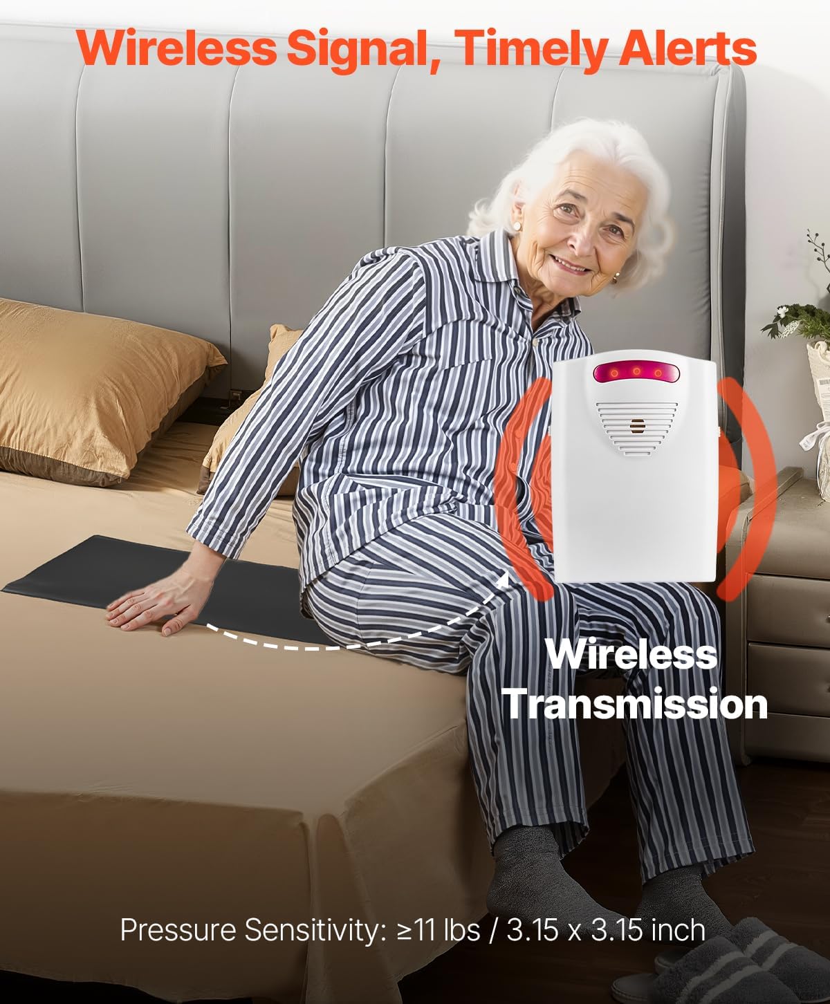Bed Alarm System for Elderly Adults, 14 x 30-inch Wireless Bed Sensor Pad with Pager, Safety Bed Alarms and Fall
