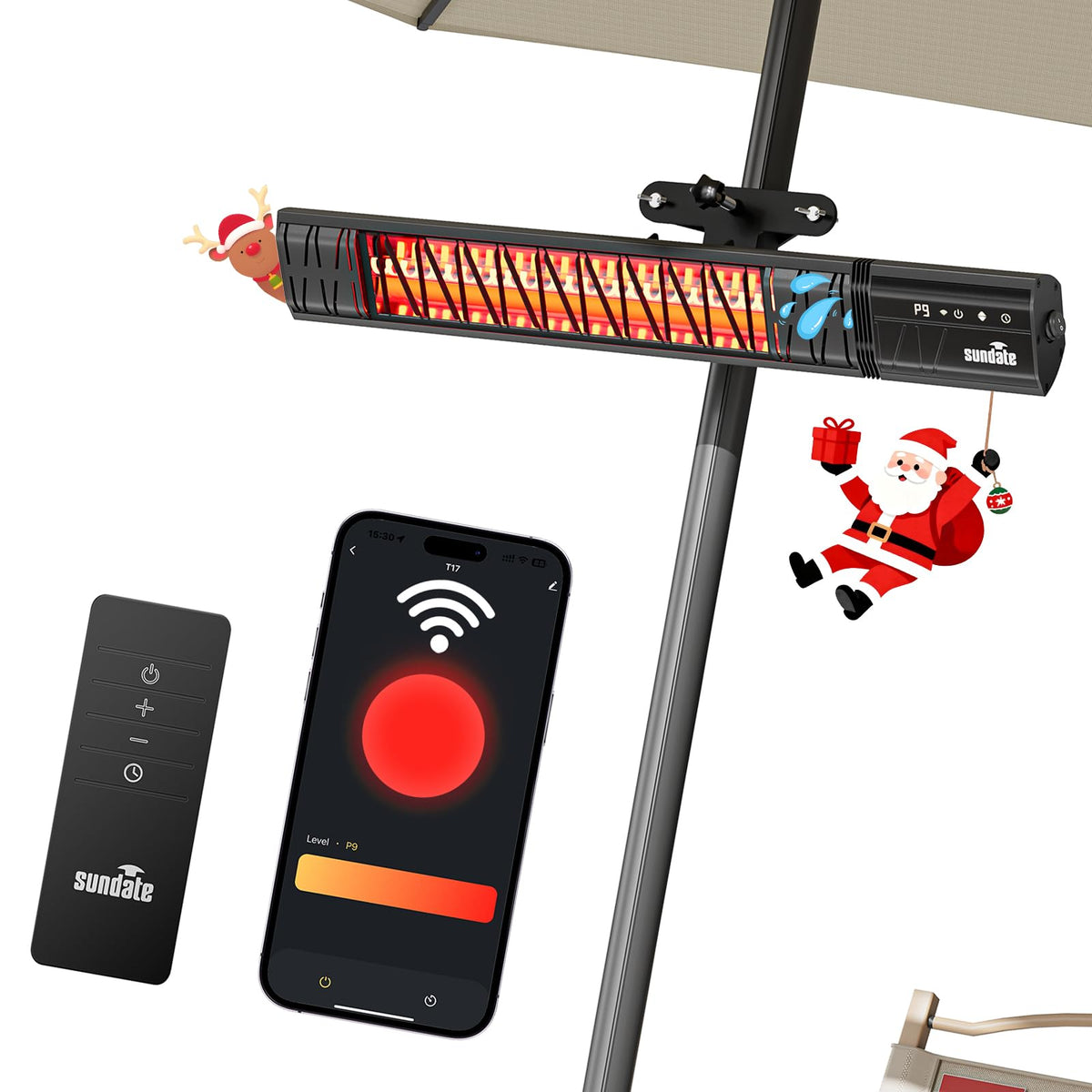 Electric Outdoor Heater for Patio Umbrella Wifi Control Wall-Mounted Hanging Patio 1500W Infrared 9 Heat Levels, 24H