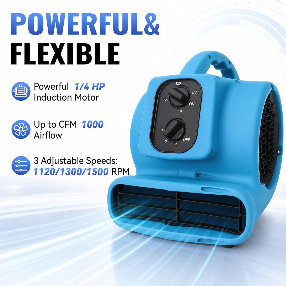 Air Mover 1/4 HP 1000 CFM, Portable Centrifugal Blower Fan, Floor Drying, Daisy Chain, Stackable, with Timer