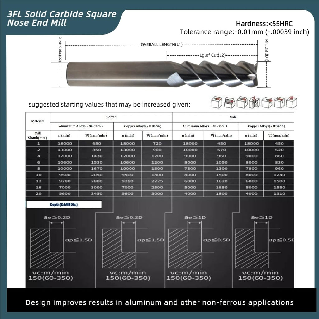 WKSTOOL 4mm Mill Dia 3 Flute Solid Carbide Square Nose End Mill Cutter for Milling Hardened Steels Aluminum Alloys Brass Bronze