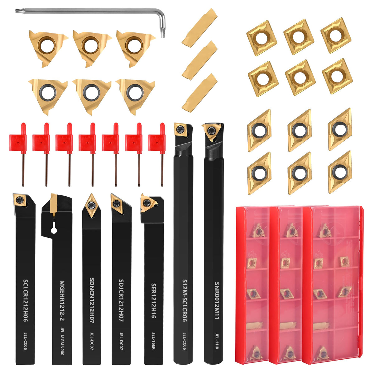 VerRich 28Pcs Kit Indexable Lathe Turning Tools,7PCS 1/2"12mm Shank Boring Bar Metal Turning Tool Holder with 21pcs Carbide Inserts for Boring Cutting Grooving Turning Threading