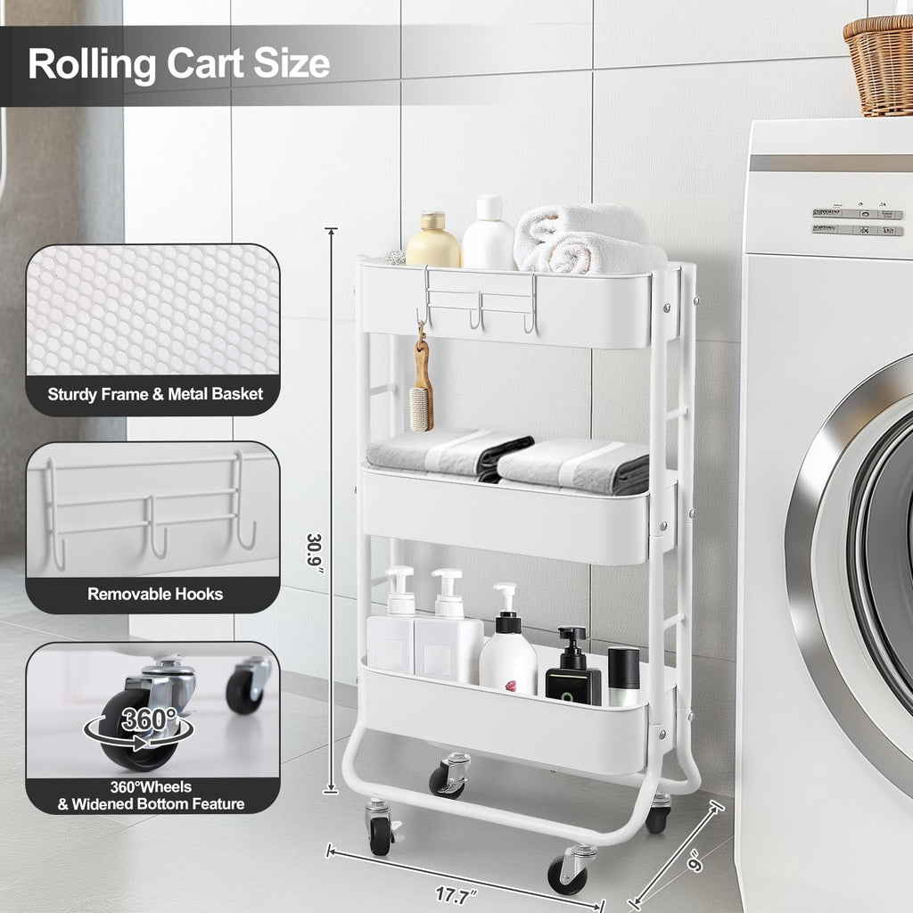 Slim 3-Tier Rolling Utility Cart with Extra Hook, White