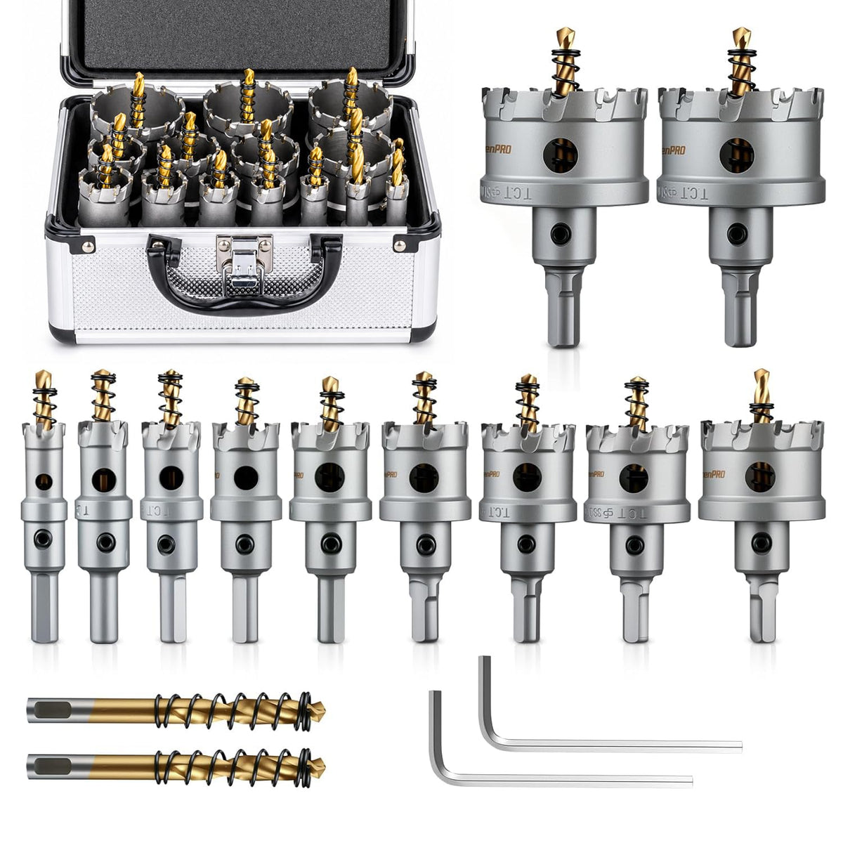 GRENPRO 16PCS Carbide Hole Saw Kit,Metal Saw for Hard Metal & Stainless Steel | 1/2" to 2-1/8" TCT Hole Cutter Set for Metal Studs, Iron, Wood, Plastic | with 2 Titanium Pilot Drills & Wrenches