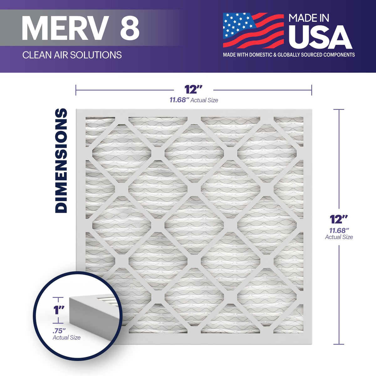 TruFilter 12x12x1 Air Filter MERV 8 (6-Pack) - MADE IN USA – Dust & Pet Defense Pleated Air Conditioner HVAC AC