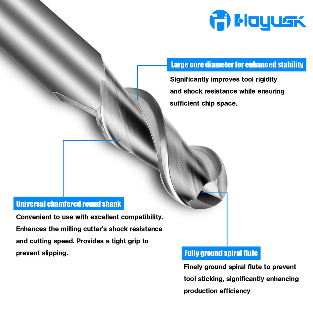 1/4" Carbide Ball Nose End Mills - 2 Flutes End Mill Bits, Tungsten Milling Bit CNC Cutting Tools for Stainless Steel, Forge Steel, Hardened Steel, Copper, Alloys & More