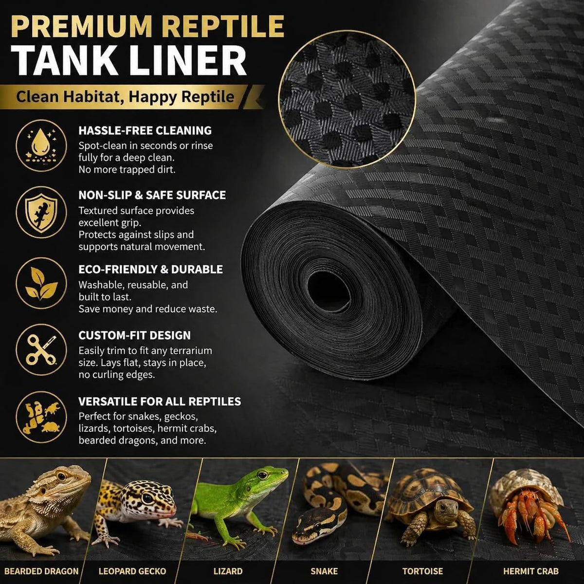 118" Non-Adhesive Reptile Tank Carpet for Bearded Dragon, Black