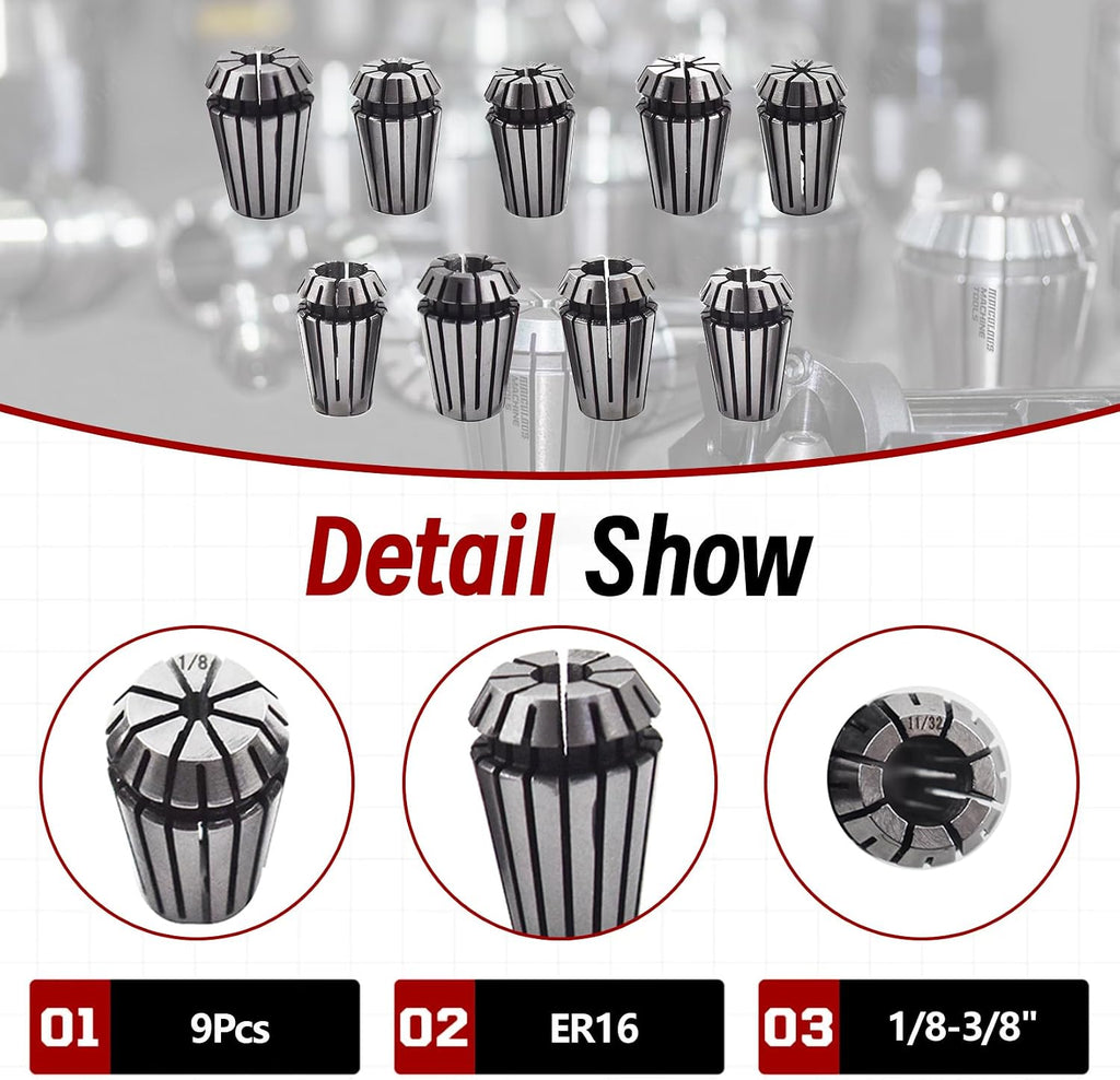findmall 9Pcs ER16 Spring Collet Set 1/8-3/8" CNC Milling Lathe Tool