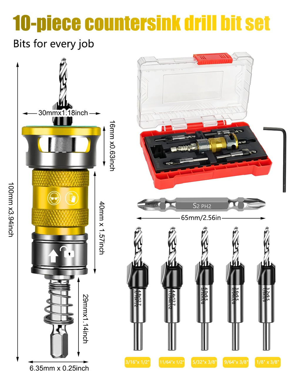 Upgrade 10PCS Countersink Drill Bit Set with Adjustable Depth Stopper