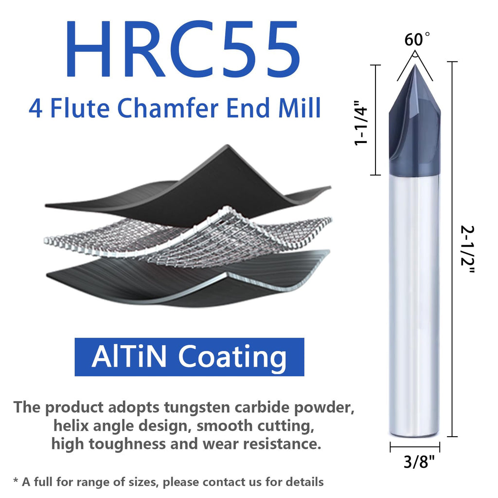 AYCHOLIZ 60 Degree Chamfer End Mill 3/8" Diameter Carbide Chamfering Mill 4 Flute CNC V Bit for Chamfering (AlTiN Coated)