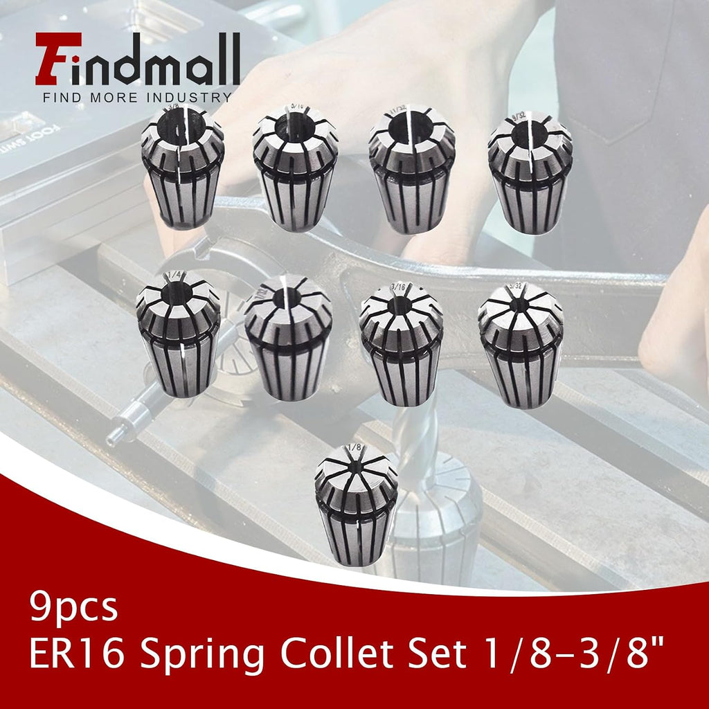 findmall 9Pcs ER16 Spring Collet Set 1/8-3/8" CNC Milling Lathe Tool