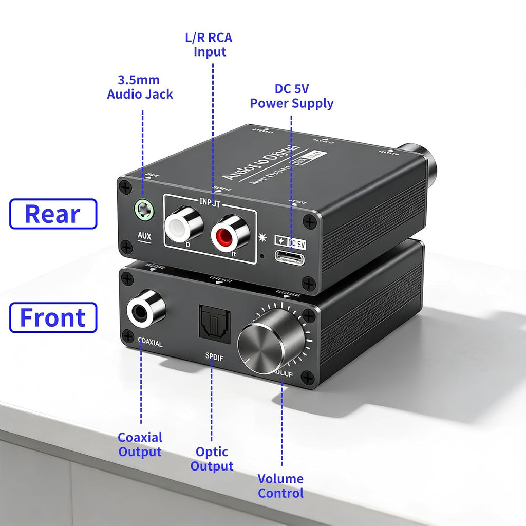 Analog to Digital Audio Converter, RCA to Optical | 3.5mm AUX Jack Toslink, Coaxial Adapter, Adjustable Volume, w/
