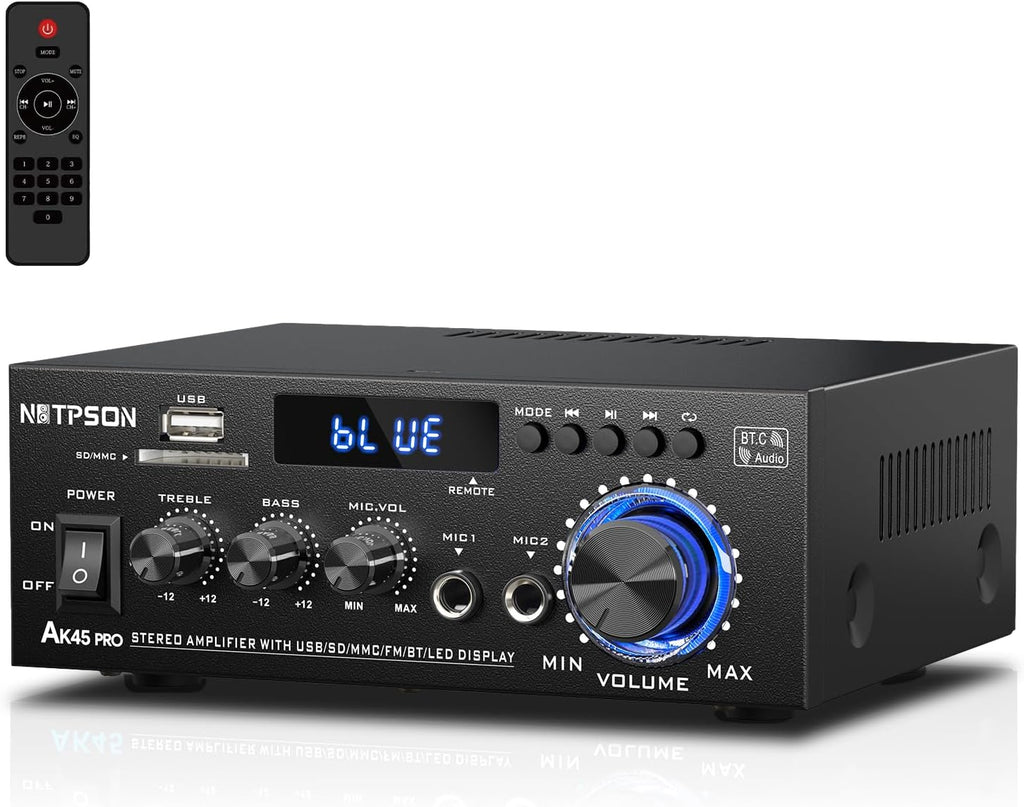 AK45 Pro Bluetooth Stereo Receiver& Amplifier,2CH RMS 50W x 2 (Peak 800W) 2 Channel Amp with FM Radio,USB/SD Inputs