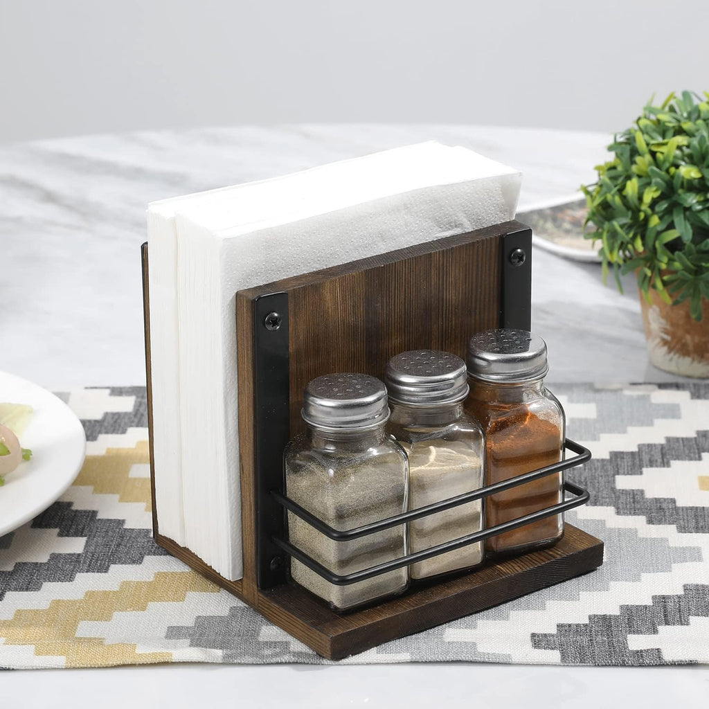 Modern Wooden and Metal Napkin Holder Caddy with 3 Glass Shakers
