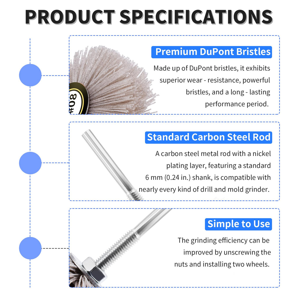 Focmkeas 2pcs Nylon Wheel Brush, 120 Grit, 6mm Shank