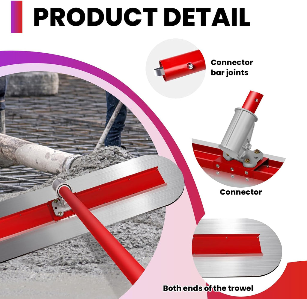 48''x12'' Concrete Finishing Tool, Bull Float with Round End Fresno Trowel, Stainless Steel Board, Adjustable Bracket