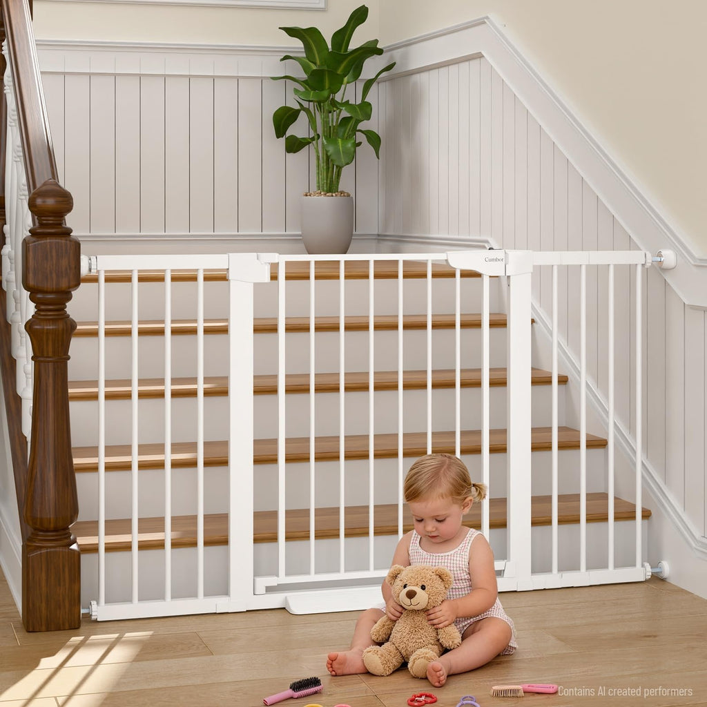 30-54" Extra-Wide Adjustable Hardware/Pressure-Mounted Pet & Child Safety Gate with Auto-Close Walk-Through Door for Stairs, Hallways & Wide Doorways — White