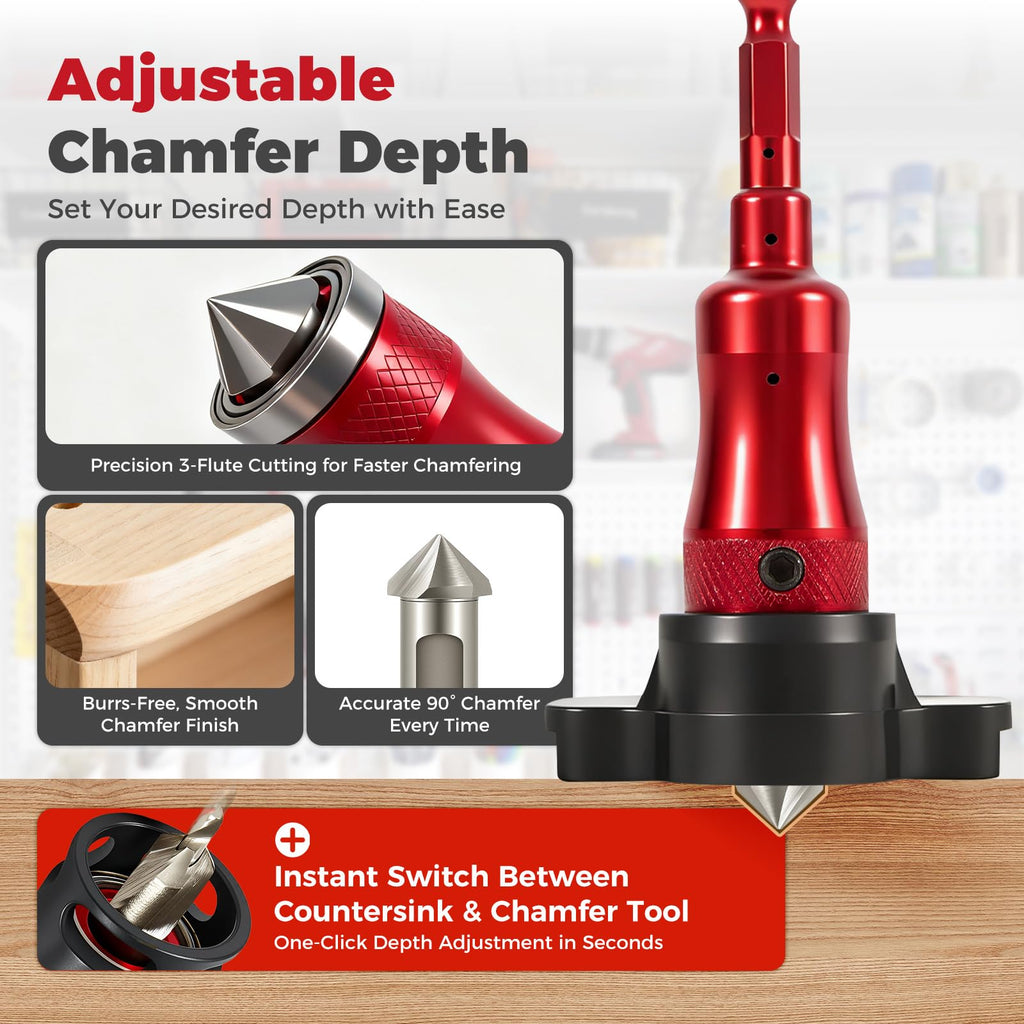BURMONG 5-Piece Countersink Drill Bit Set with Bearing Depth Stop & Chamfer Tool, 1/4" Hex Shank Quick Change Bi-Directional Cutting Edges for Woodworking (with Adjustable Bearing Depth Stop)
