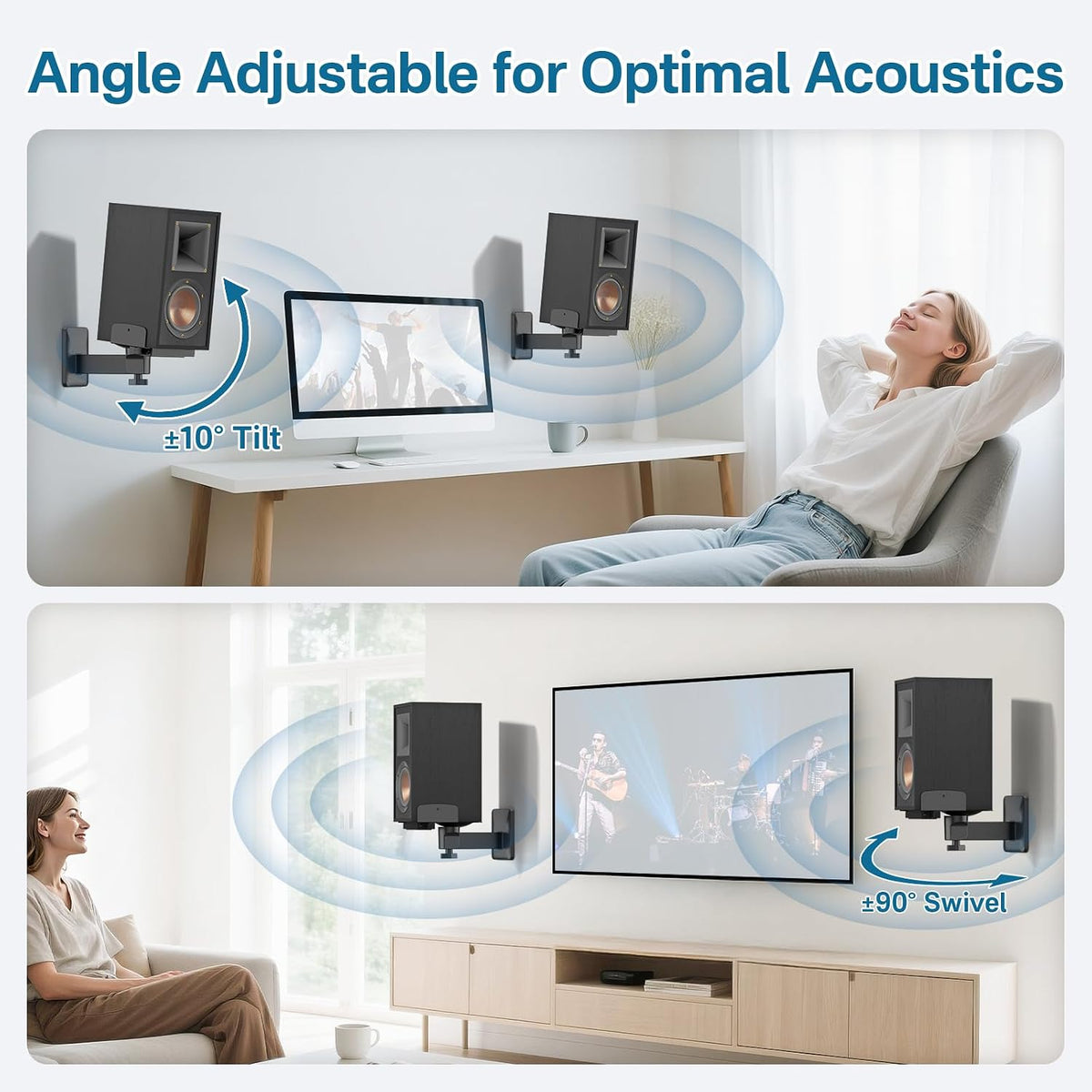 Pair of Adjustable Speaker Wall Mount for Klipsch Bookshelf Speaker Mount - Heavy Duty Side Clamping Wall Speaker