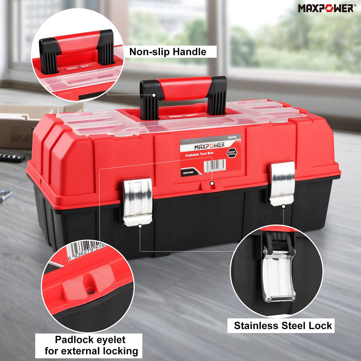 16-Inch Tool Box, Three-Layer Folding Plastic Storage Toolbox, Multi-Function Organizer with Tray and Dividers, Tools