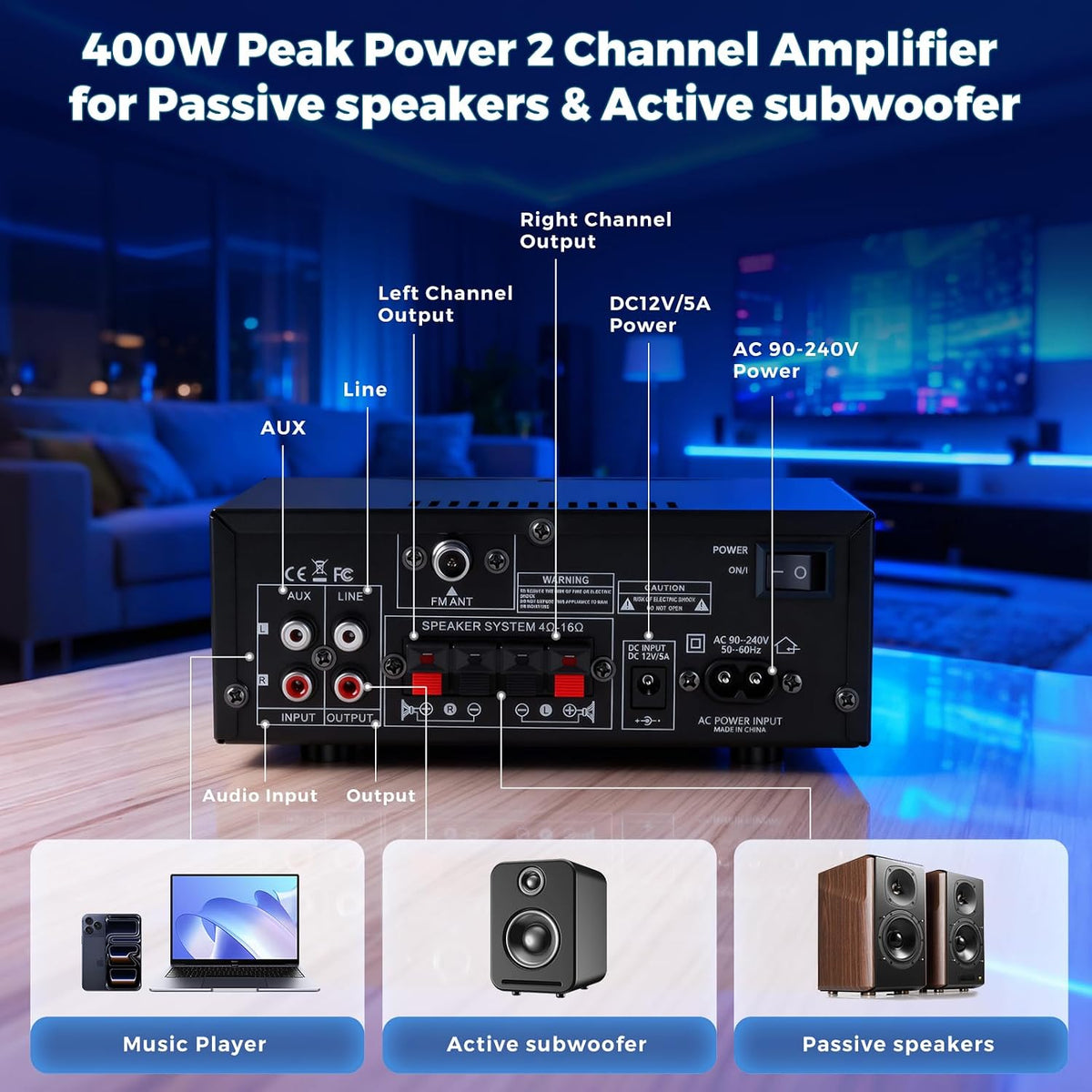 AK50MAX Stereo Audio Amplifier, Home Audio Stereo Receiver Bluetooth 5.0 with 400W 2.0 Channel FM Radio, Echo, USB