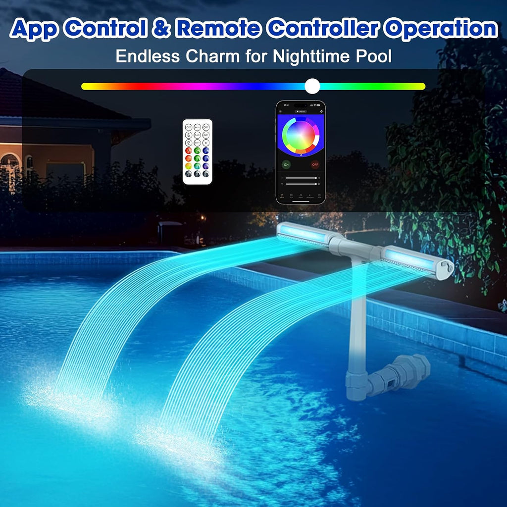 Pool Fountain for Inground and Above Pools: Adjustable Dual Sprayer Waterfall Sprinkler with 16 Color LED Lights for