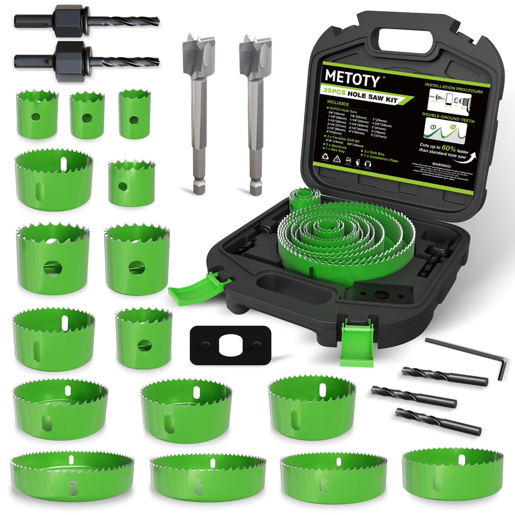 METOTY 27 Piece Hole Saw Set - High Carbon Steel 19-152mm (3/4" to 6") Blades for Drywall, Softwood, Plastic, and PVC; Professional Grade with Instant Support