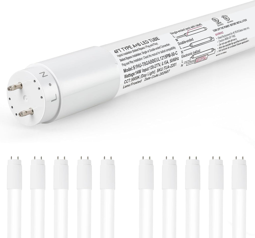 hykolity T8 LED Bulbs 4 Foot,186LM/W,14W 2600LM 5000K, T8 Type A+B, DLC 6.0