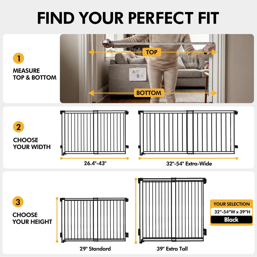 39" H x 32-54" W Extra-Tall & Extra-Wide Adjustable Hardware/Pressure-Mounted Pet & Child Safety Gate with Dual-Lock Walk-Through Swing Door for Stairs, Hallways & Wide Doorways — Black