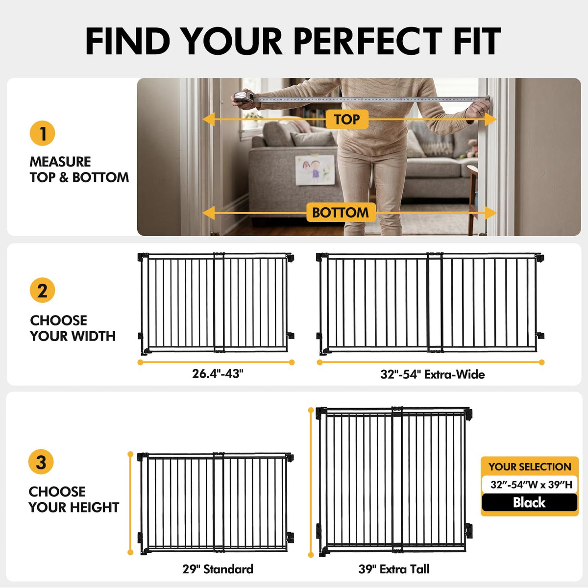 39" H x 32-54" W Extra-Tall & Extra-Wide Adjustable Hardware/Pressure-Mounted Pet & Child Safety Gate with Dual-Lock Walk-Through Swing Door for Stairs, Hallways & Wide Doorways — Black