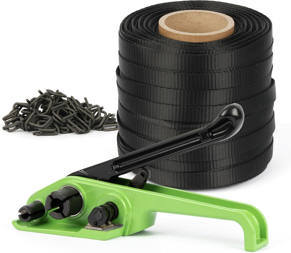 Manual Banding Strapping Kit, 3/4" x 328' Woven Cord Strapping with Heavy Duty Tensioner & 100pcs Phosphated Metal
