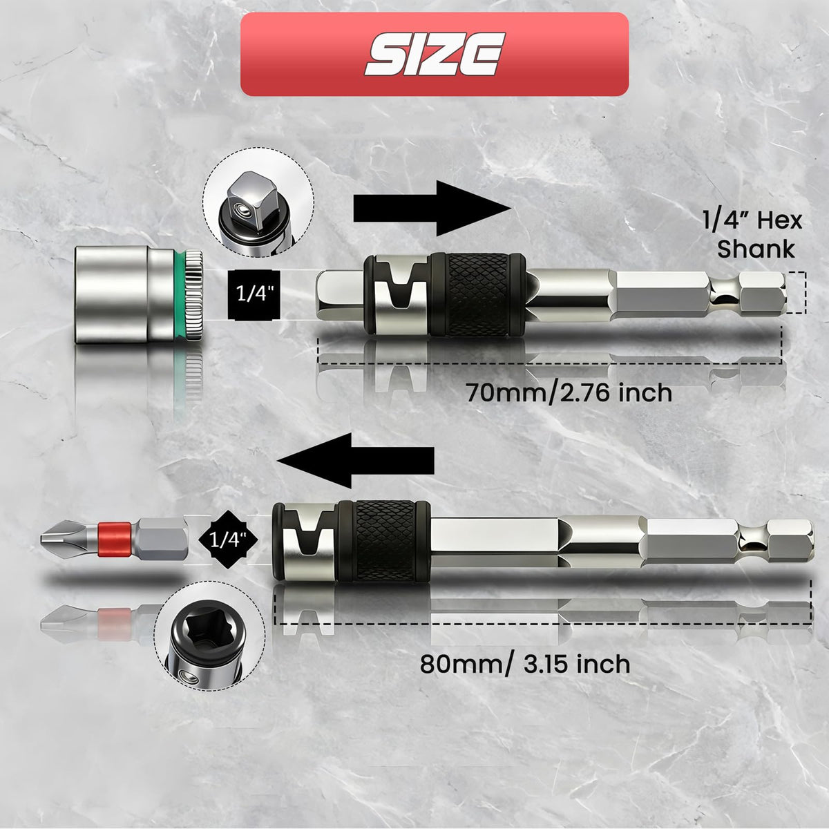 2-in-1 Impact Socket Adapter to Bit Holder, for 1/4" Drive Socket &Hex Bit