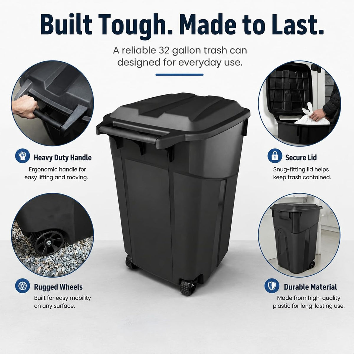 32 Gallon Outdoor Trash Can with Lid, Heavy-Duty Wheeled Garbage Bin for Backyard, Deck or Garage, Black, Can with